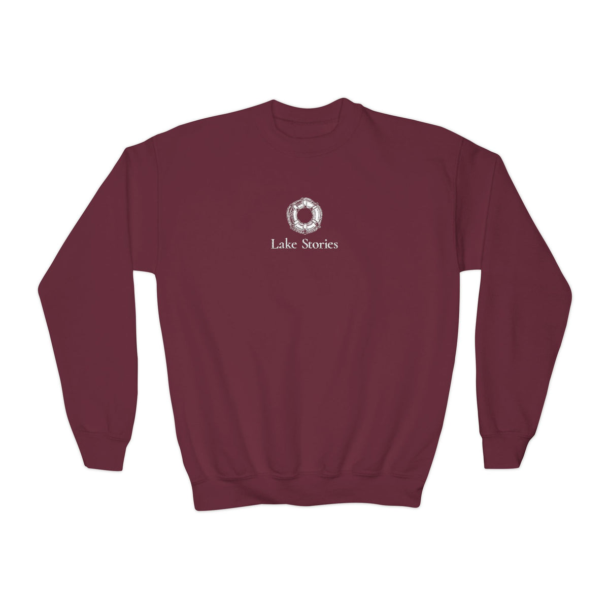 Youth Crewneck Sweatshirt - 'Lake Vibes' Wreath Graphic (Maroon)