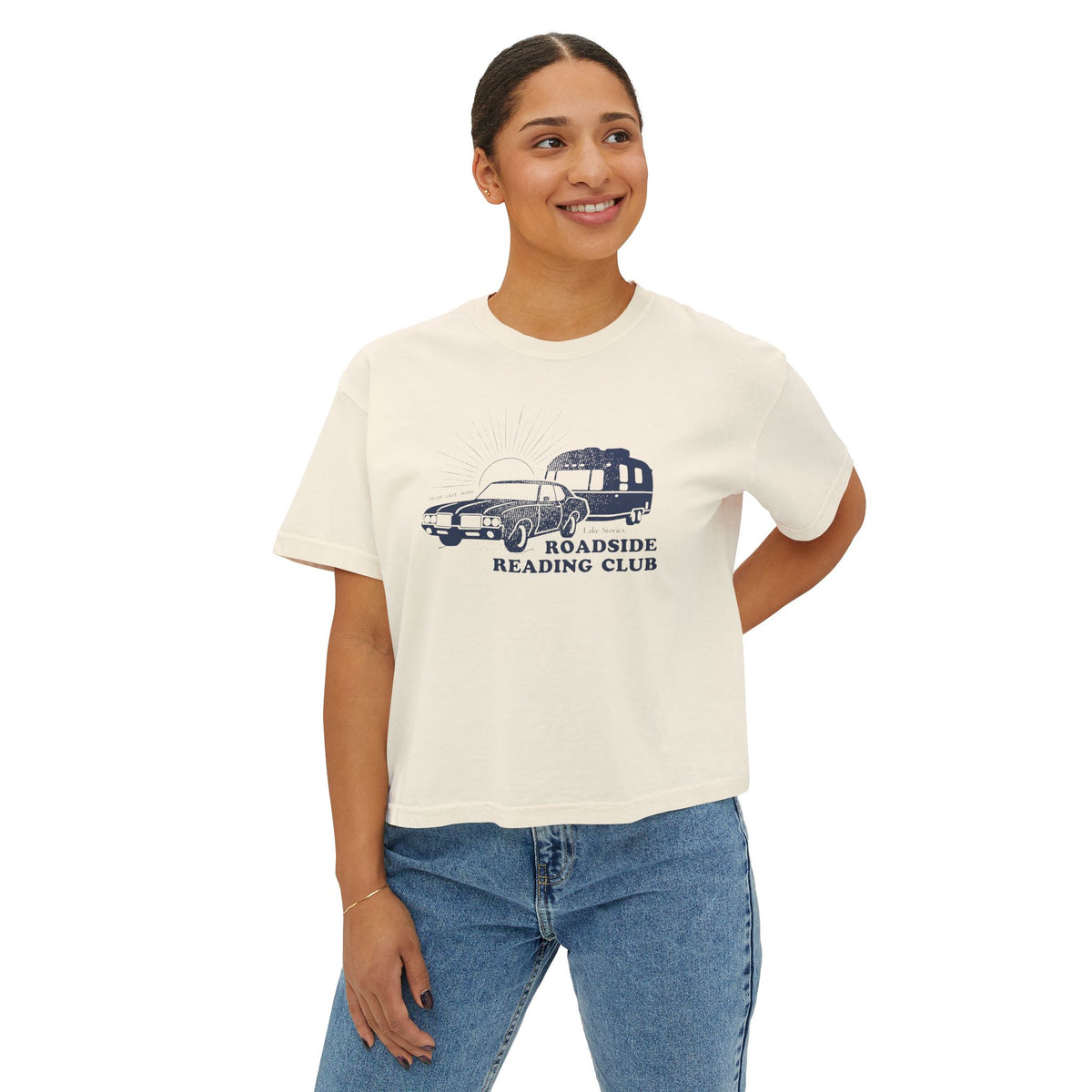 Roadside Reading Club Boxy Tee — Vintage Camper &amp; Car Lake Stories Shirt
