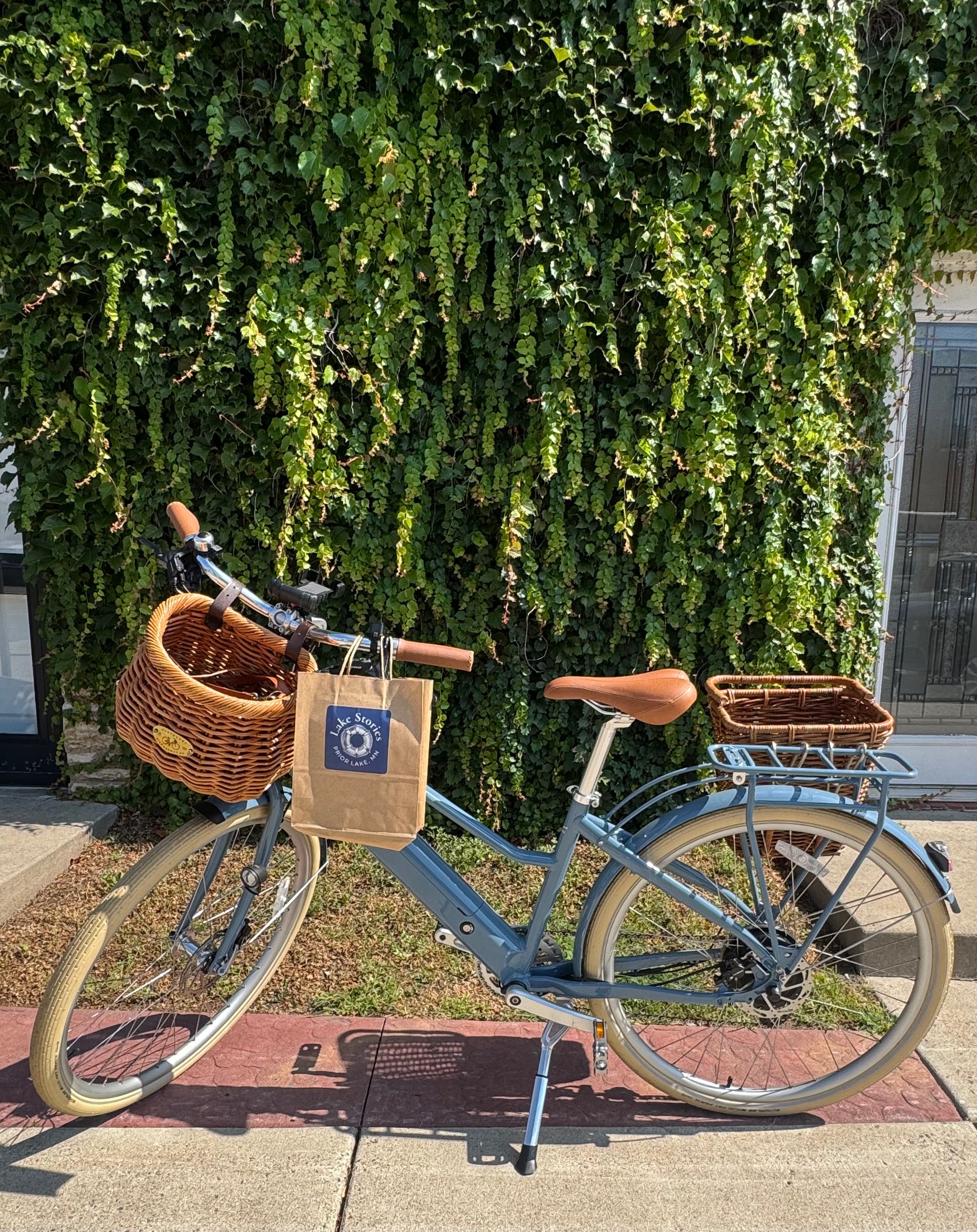 A light blue step-through bicycle with a brown wicker basket on the front, a brown saddle, and a rear cargo basket, parked on a sidewalk in front of a dense green ivy-covered wall.